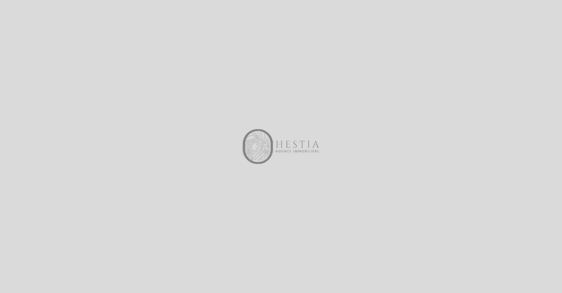Logo Hestia : Agence Immobilière Élégante Logo HESTIA Agence Immobilière : une femme stylisée tenant une maison sous un cercle aux rayons, en gris clair sur fond uni gris pâle.